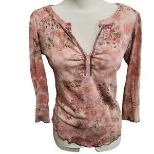 Whimsical Romance y2k Tie Dye Floral Butterfly Long Sleeve Split Neck Top Medium